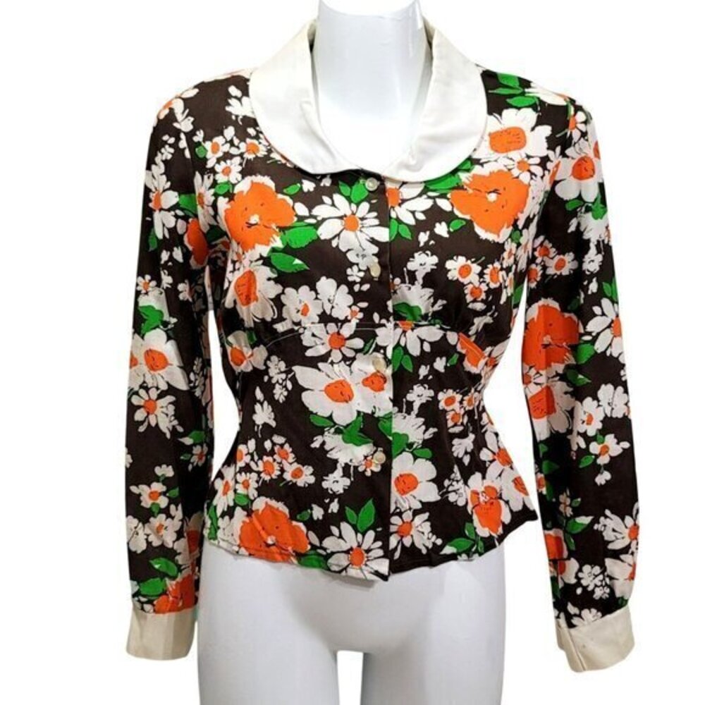 Vintage Floral Long Sleeve Blouse Top Shirt Peter Pan Collar Button Front